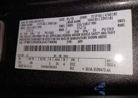 2018 Ford Escape Se from USA, damaged, VIN 1FMCU9GDXJUC74956